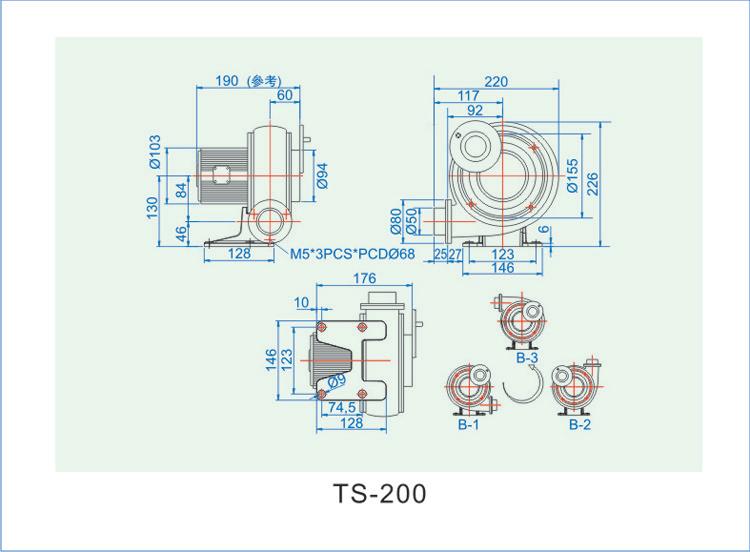 小型鼓风机TS-200安装尺寸图 小型鼓风机TS-200安装尺寸图