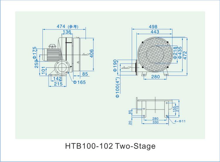 透浦多段式风机HTB100-102安装尺寸图 透浦多段式风机HTB100-102安装尺寸图